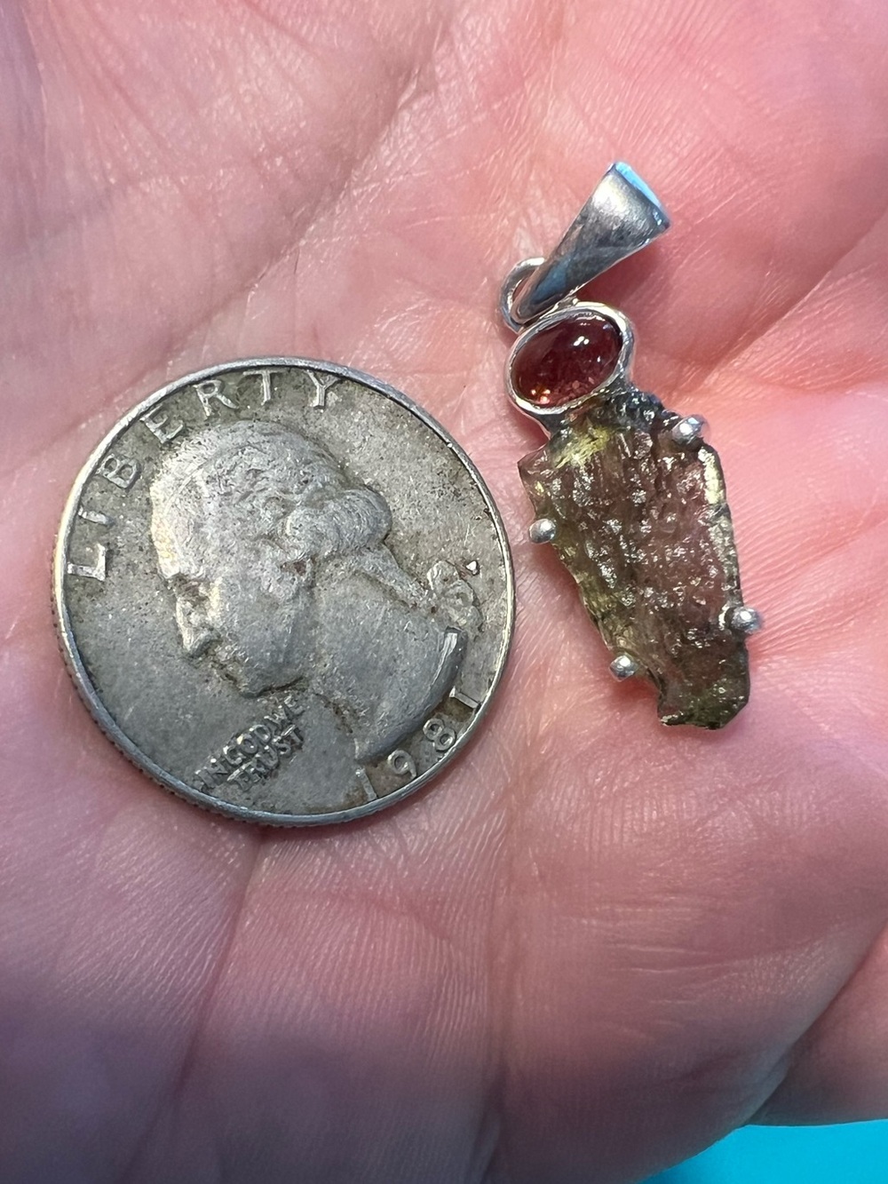 Raw Moldavite And Pink Tourmaline Pendant